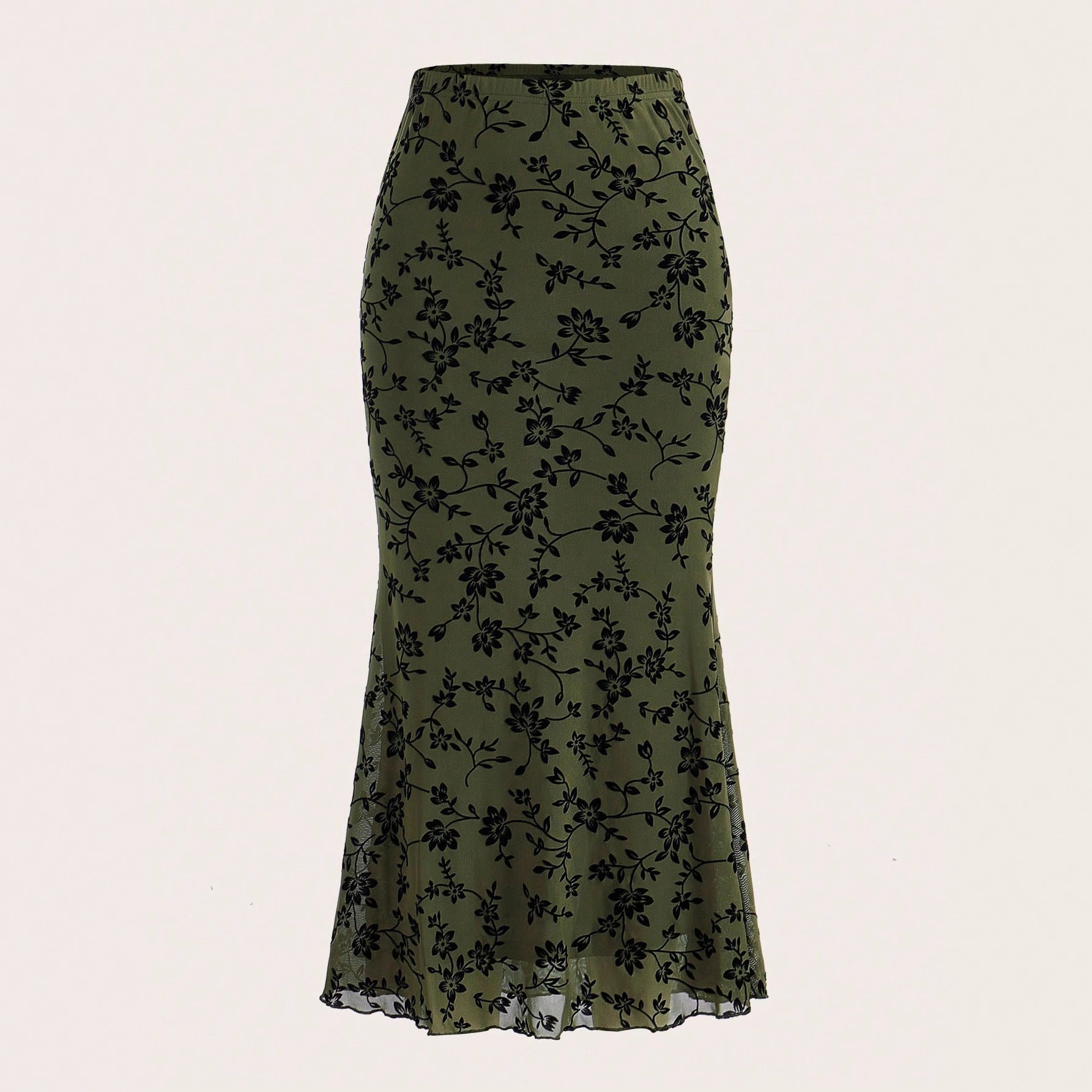 Dark Green Floral Half-length Fishtail Skirt For Women