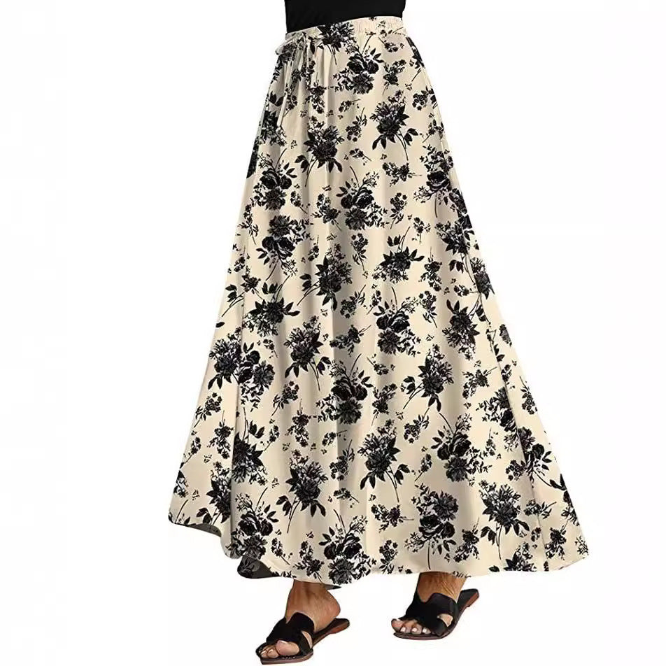 Large Swing Tight Waist Lace Printing Double Pocket Women's High Waist Skirt