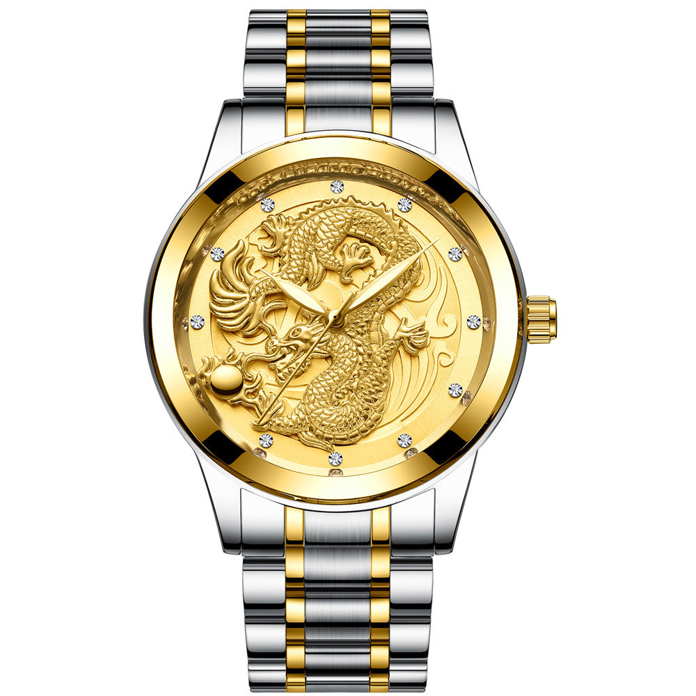 Yellow Gold Quartz Steel Belt Dragon And Phoenix Couple Watch