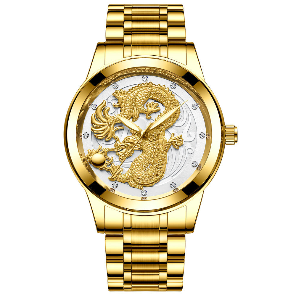Yellow Gold Quartz Steel Belt Dragon And Phoenix Couple Watch
