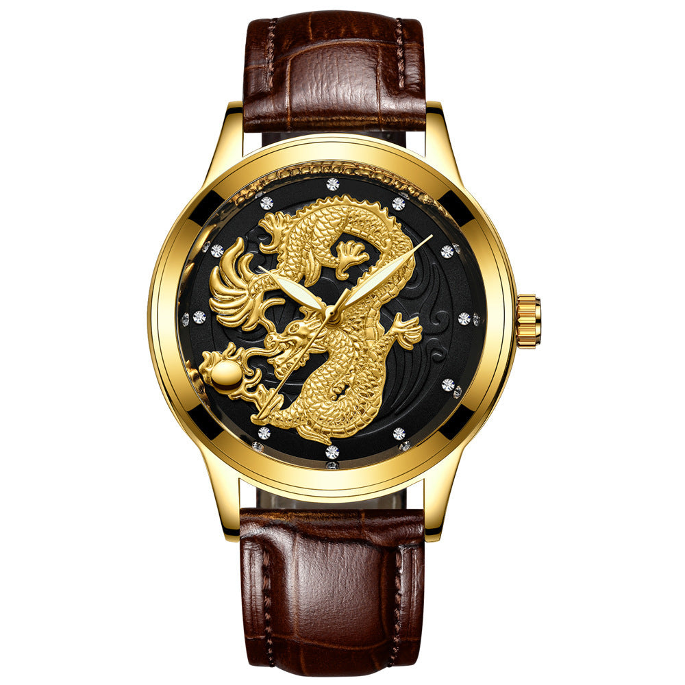 Yellow Gold Quartz Steel Belt Dragon And Phoenix Couple Watch