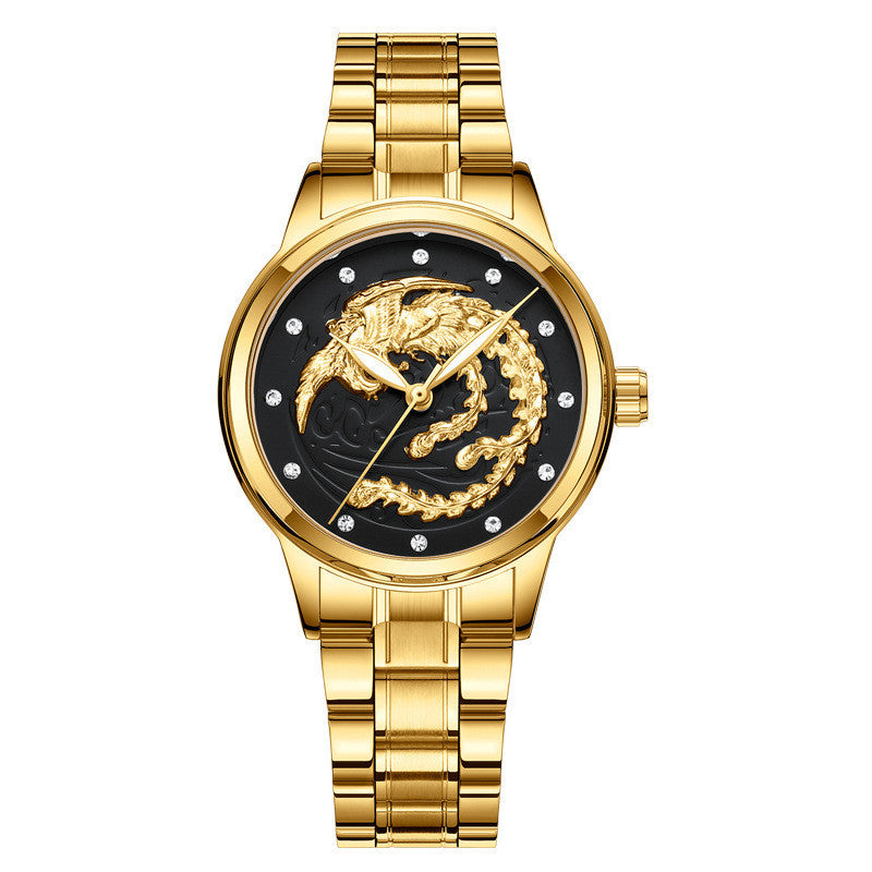 Yellow Gold Quartz Steel Belt Dragon And Phoenix Couple Watch