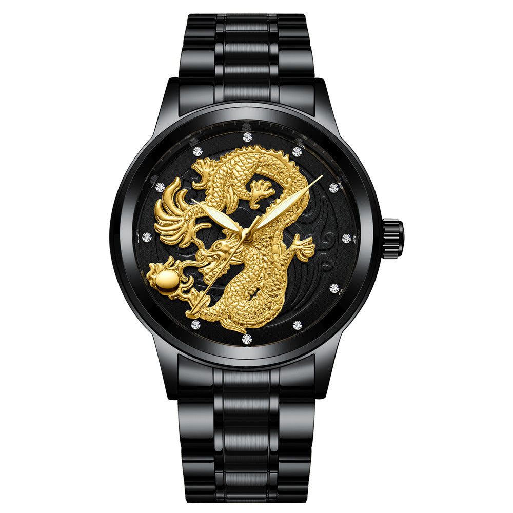 Yellow Gold Quartz Steel Belt Dragon And Phoenix Couple Watch