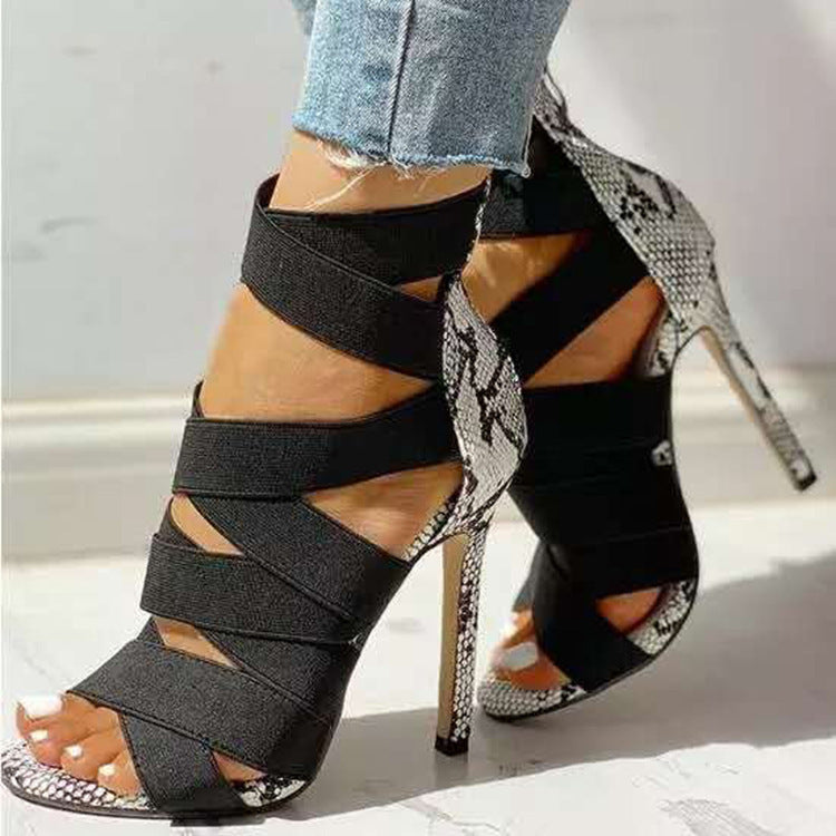 Low-Top Bag With Artificial Pu Side Hollow Stiletto Heightening Fish Mouth Super High Heel