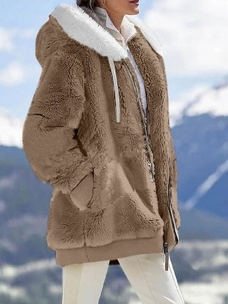 Fall And Winter Loose Plush Long Sleeves With Zippered Pockets And Hooded Warm Jacket