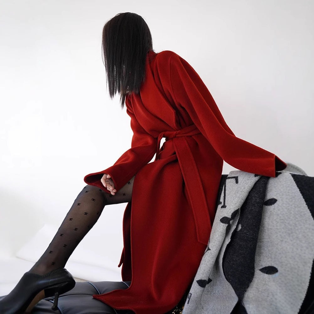 Handmade Red Wool Mid-length Cashmere Coat