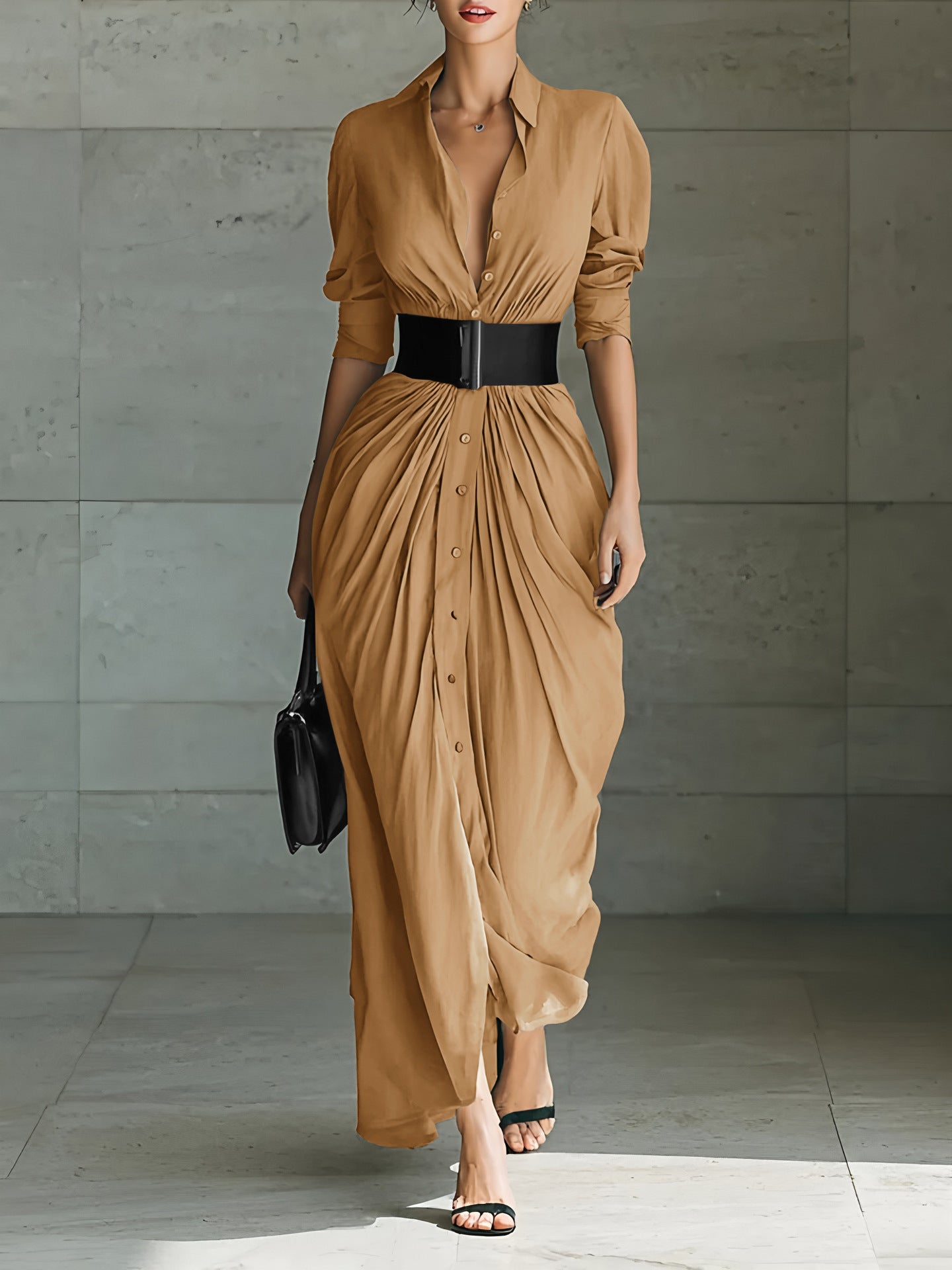 Fashionable Elegant Lapel Breasted Shirt Dress With Belt