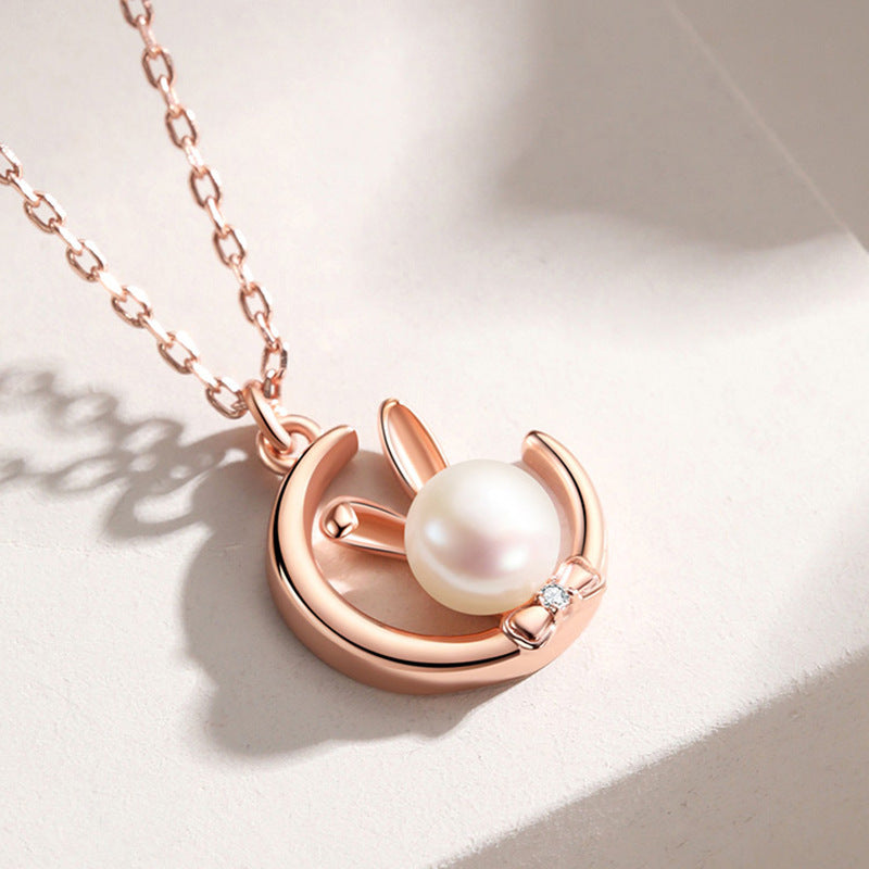 S925 Sterling Silver Zodiac Rabbit Necklace Female Pearl
