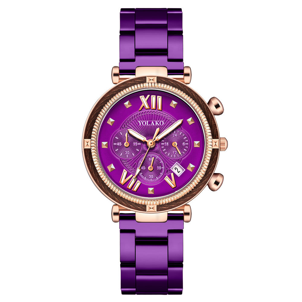 Women's Three-eye Calendar Alloy Steel Quartz Watch