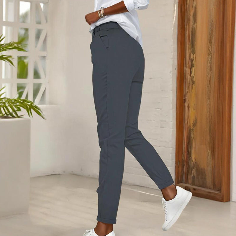 Women's High-Waisted Slim-Fit Pants With Slant Pockets & Button Detail Work & Casual Trousers