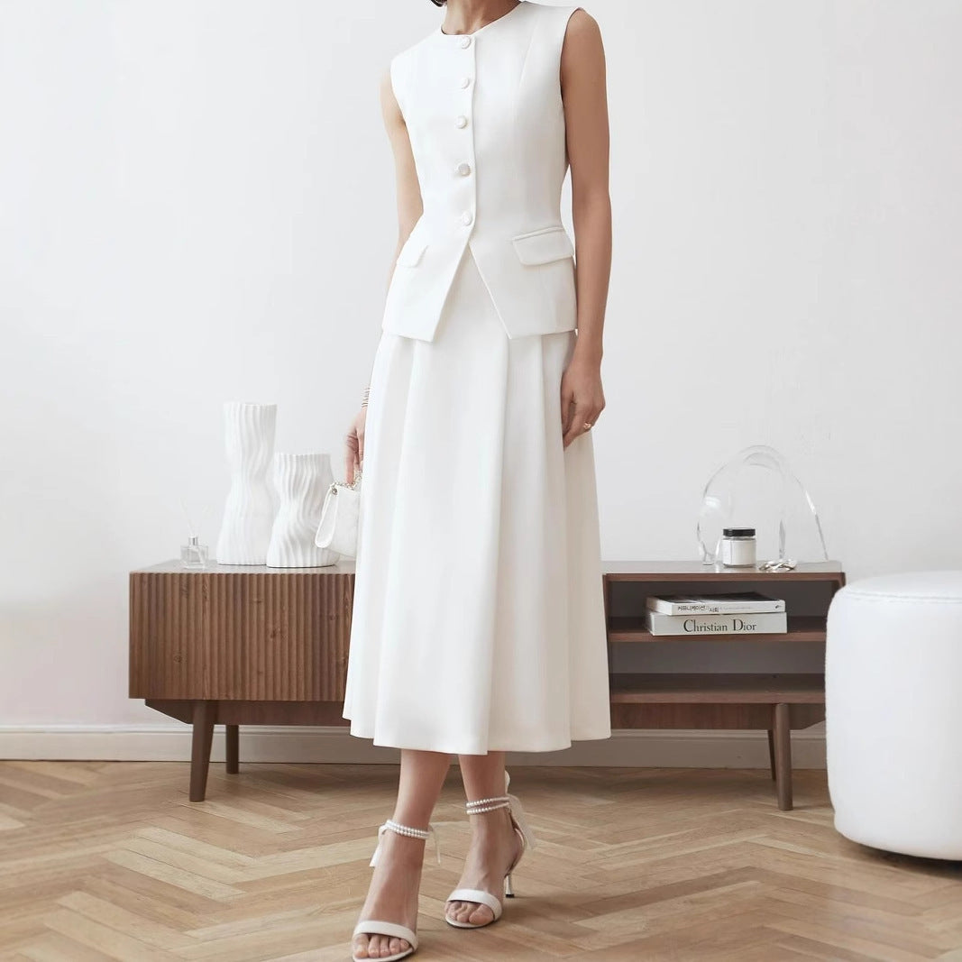 Button Sleeveless Suit Vest High Waist Skirt