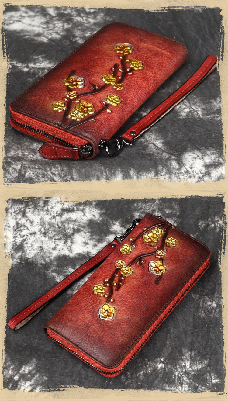 Embossed Leather Multiple Card Slots Wallet First Layer Cowhide Women's Handbag