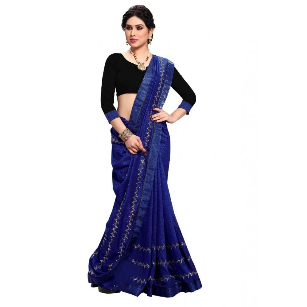 Women's Vichitra Silk HotFix Stone Work Saree With Blouse (Blue, 5-6 Mtrs)