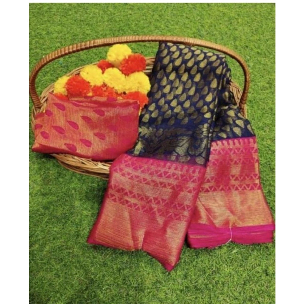 Women's Viscose Rayon Printed Saree With Unstitched Blouse (Navy Blue)
