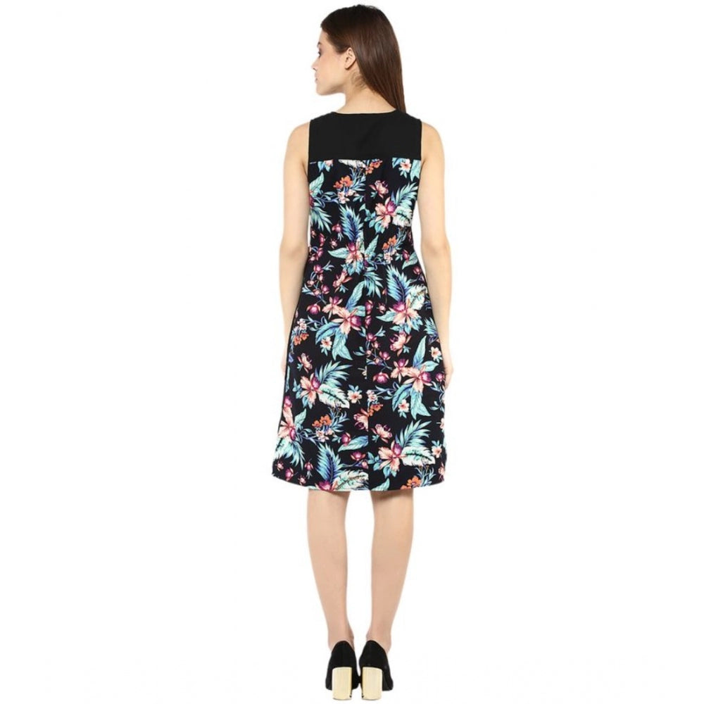Women's Polyester Printed Sleeveless Above Knee Dress (Black - Multicolor)