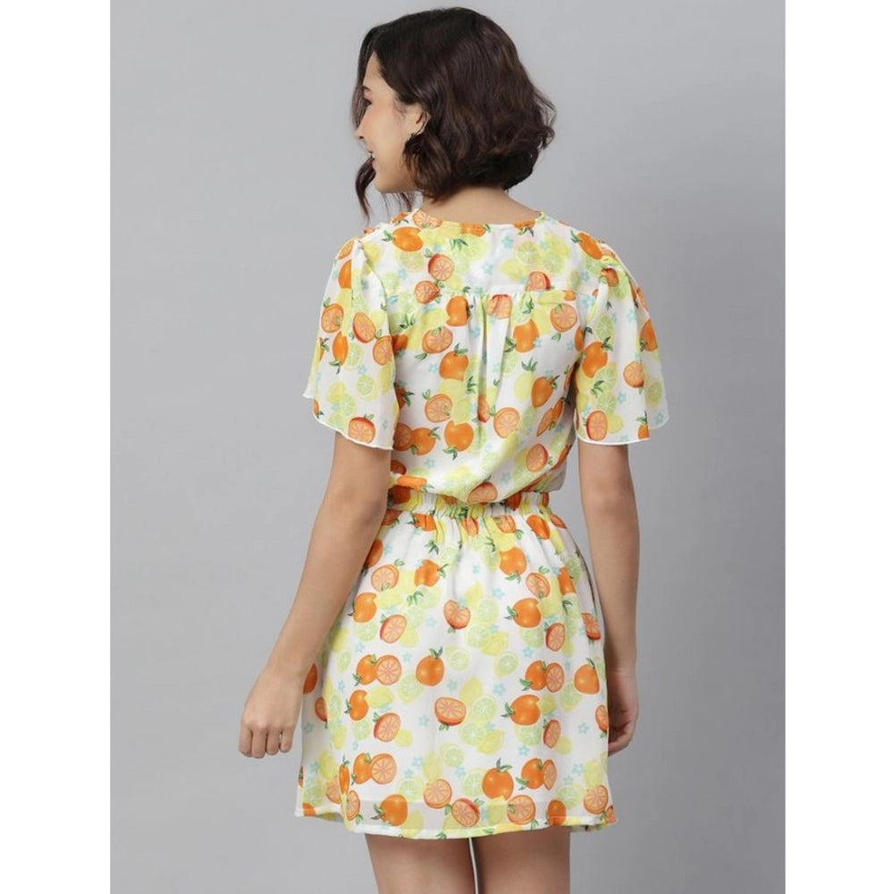 Women's Polyester Printed Flutter Above Knee Dress (Orange - Yellow)