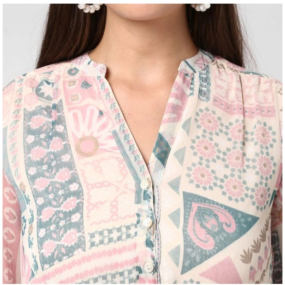 Women's Polyester Printed Long Sleeves Above Knee Dress (Light Pink - Off White)