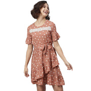 Women's Polyester Polka Bell Sleeve Above Knee Dress (Brown)