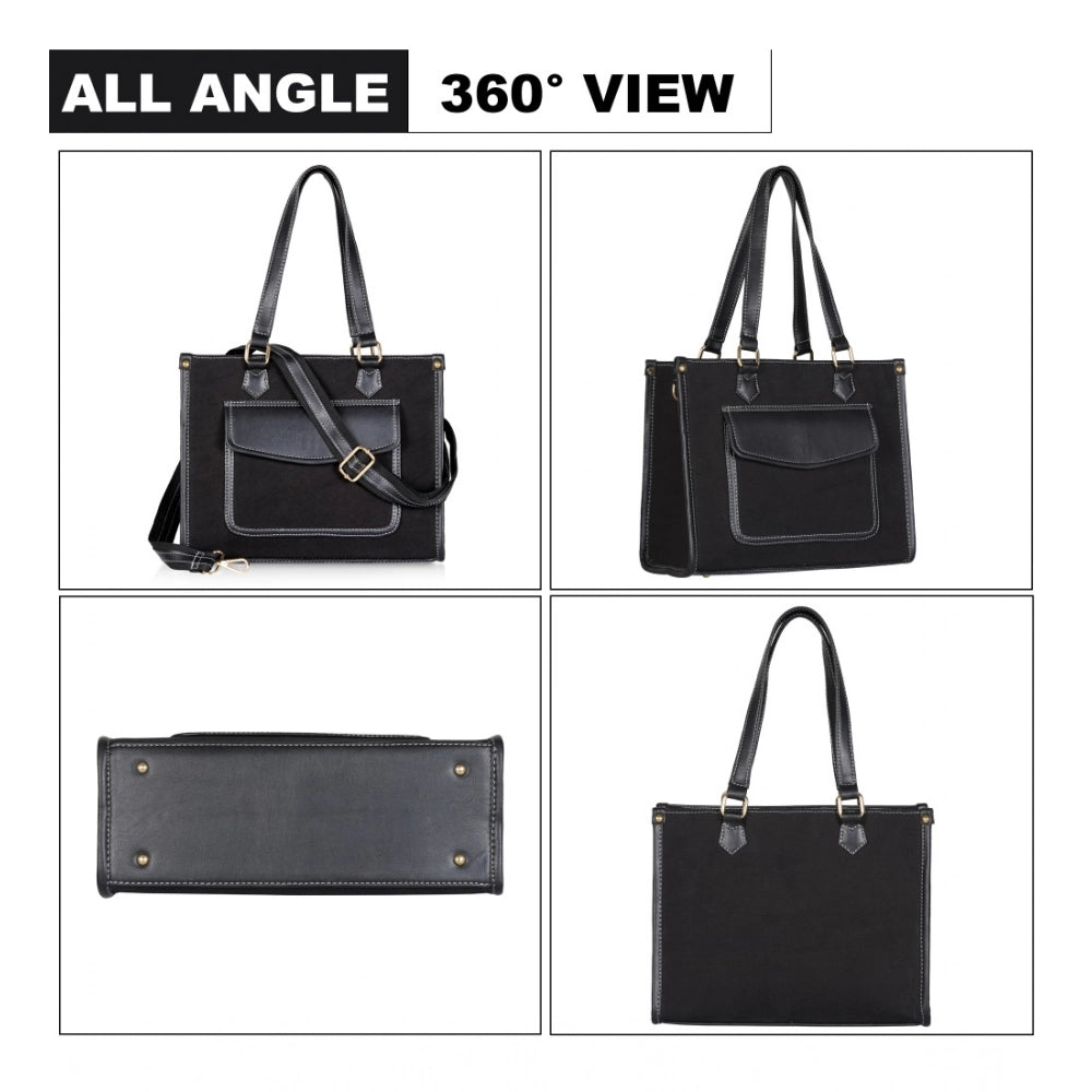 Women's Canvas Medium Top handle Satchel Zipper Handbag (Black)