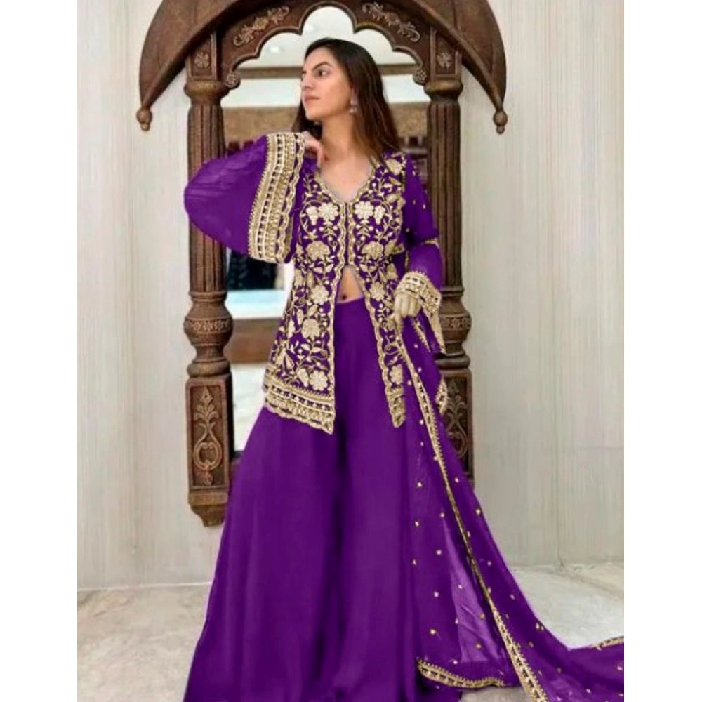 Women's Georgette Embroidery 3-4th Sleeve V-Neck Kurti, Palazzo And Dupatta Set (Purple)