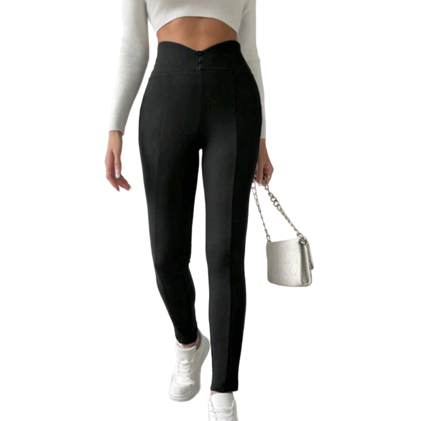 Brushed Leggings V-Waist Button Casual Pants For Women Plus Fleece Outerwear Commuter Pants