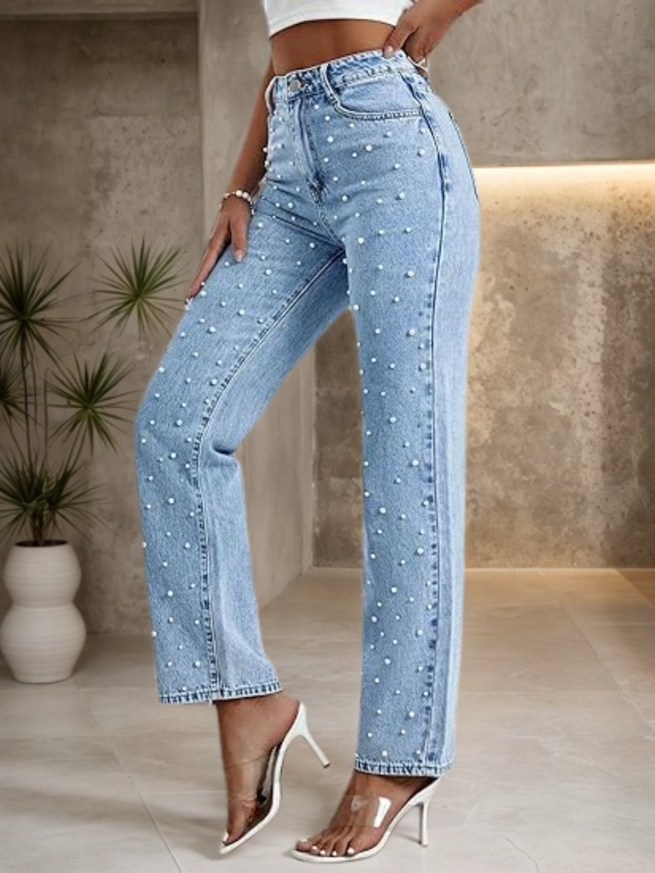 Washed Denim Women's Straight Leg Denim Pants, With Sturdy Nail Bead Decoration That Is Not Easy To Fall Off, Stylish And Elegant Style