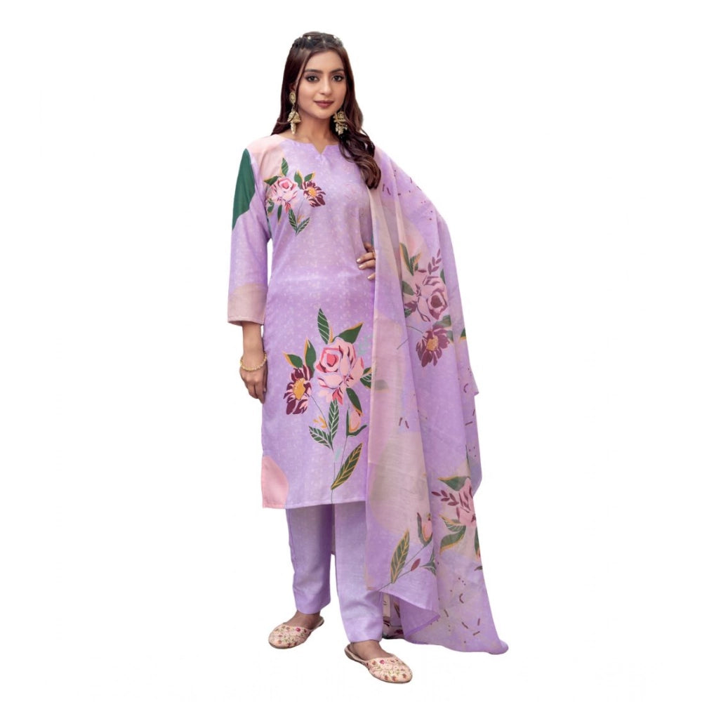 Women's Cotton Blend Printed Kurti With Pant Dupatta Set (Lavender)
