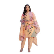 Women's Cotton Blend Printed Kurti With Pant Dupatta Set (Orange)