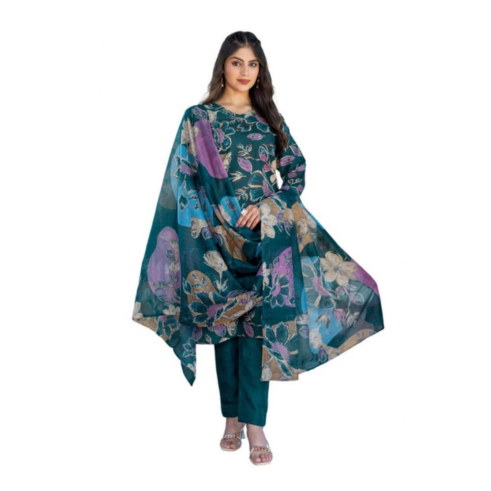 Women's Cotton Blend Printed Kurti With Pant Dupatta Set (Rama)