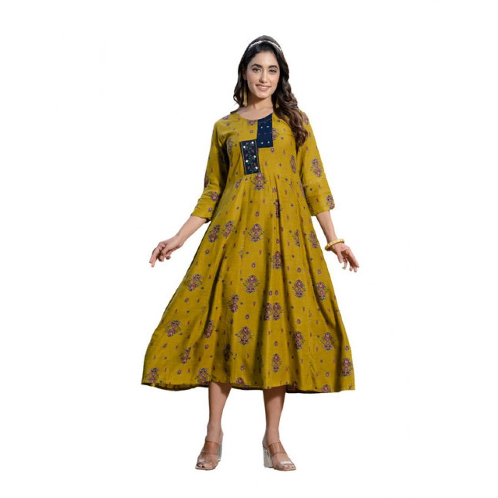 Women's Rayon Print With Embroidery Work A-Line Kurti (Mehendi)