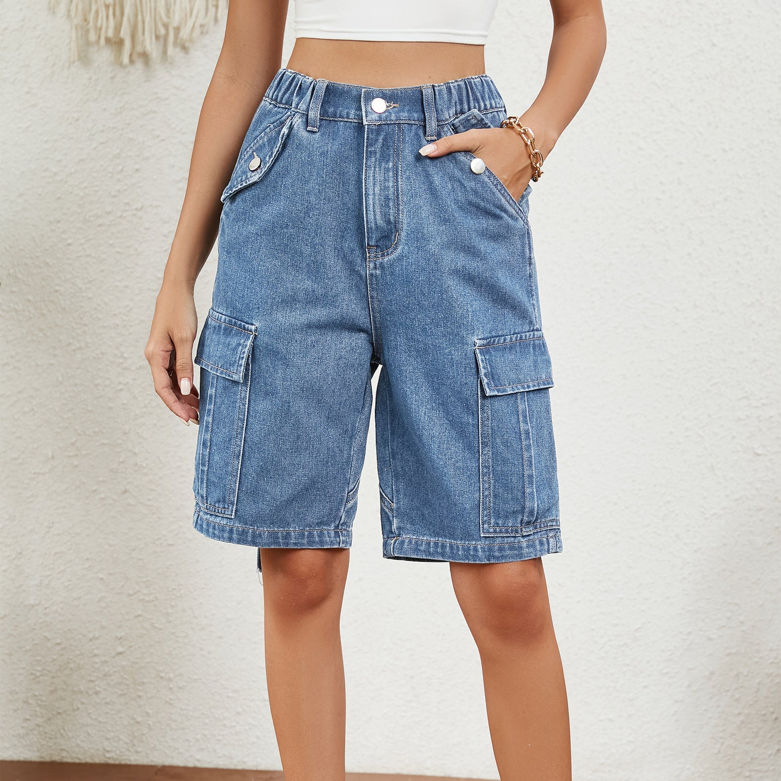 Washed Personalized Denim Cargo Pants Shorts