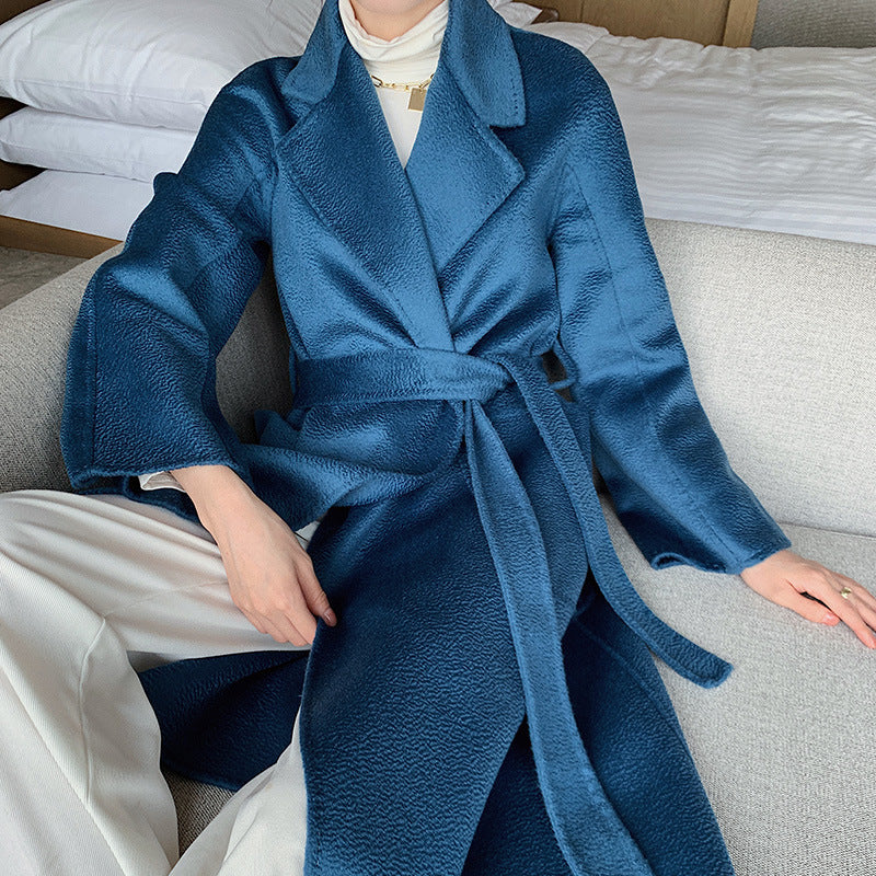 Long Lace-up Waist Woolen Woolen Coat