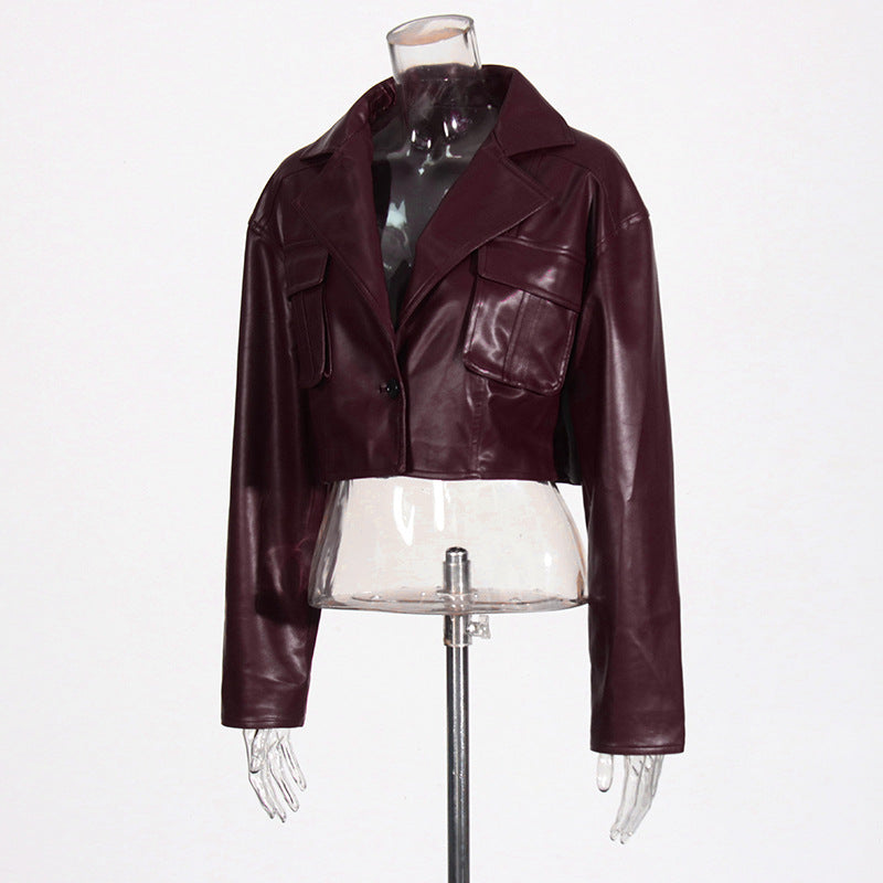 Patchwork Pocket Cropped Leather Coat Women