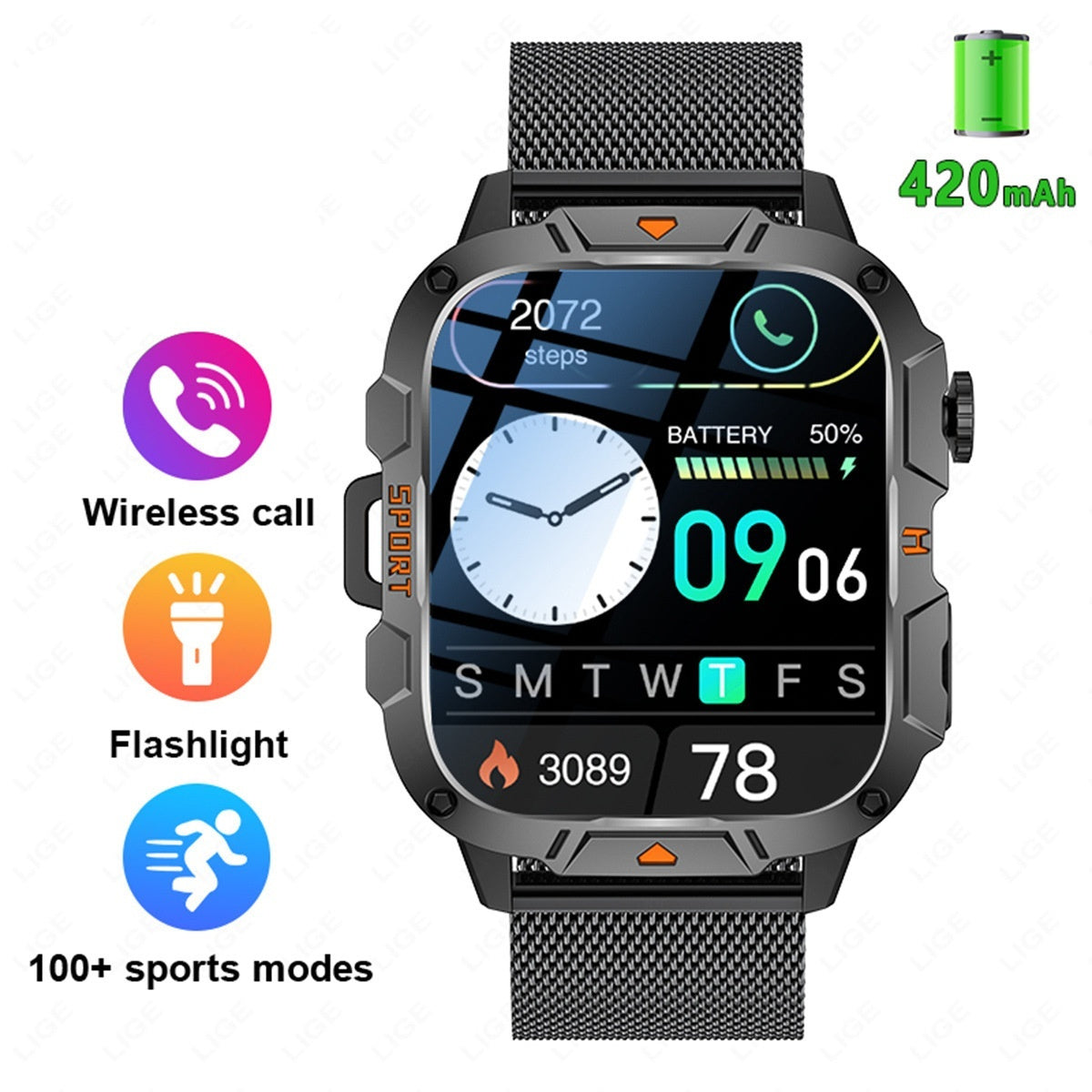 Square Large Screen Multi-function Sports Running Heart Rate Smart Watch