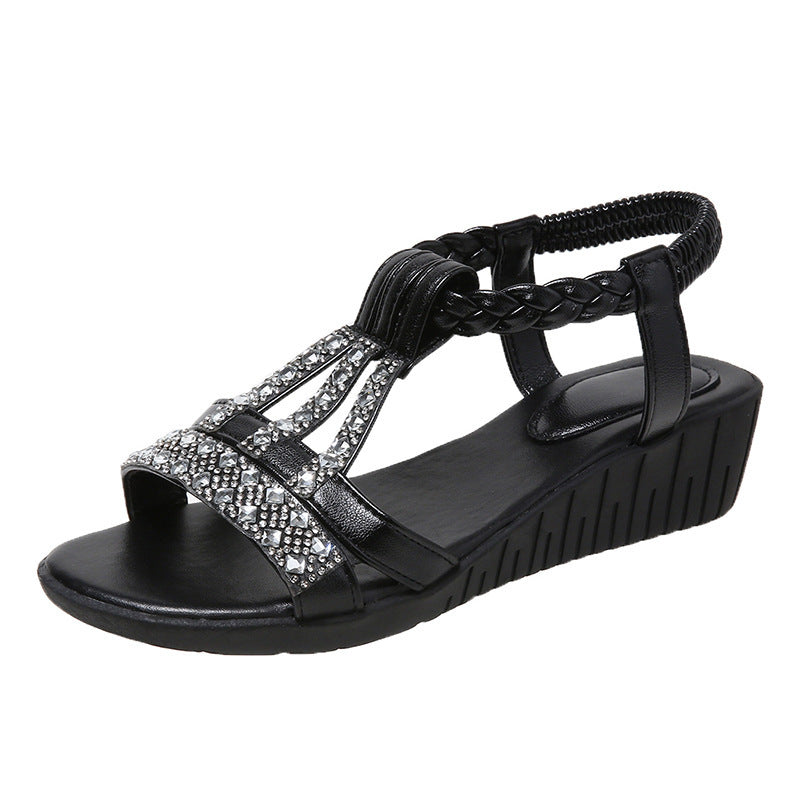 Casual Wedges Sandals With Rhinestone Summer Plus-size Peep-toe Roman Shoes
