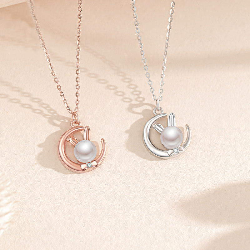 S925 Sterling Silver Zodiac Rabbit Necklace Female Pearl
