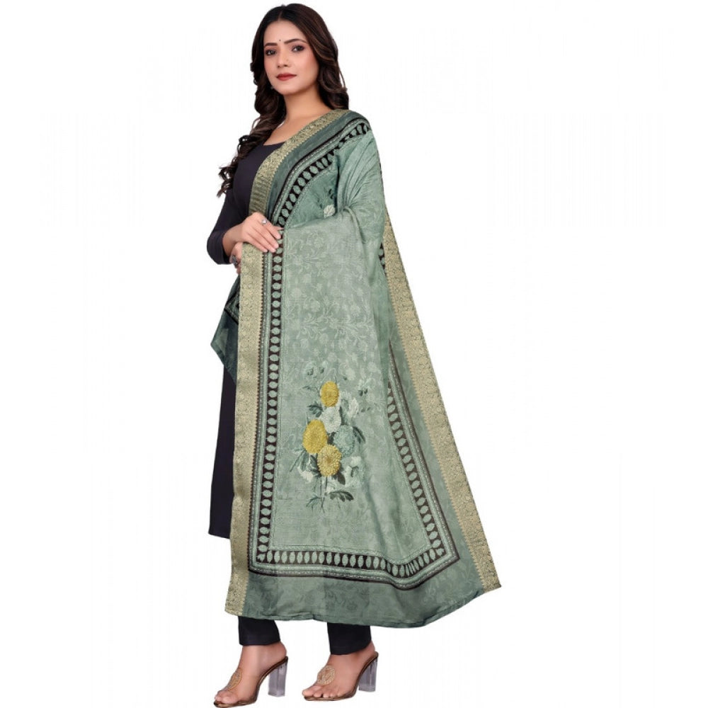 Women's chanderi silk  Printed Dupatta (Green, Length: 2 Mtr)