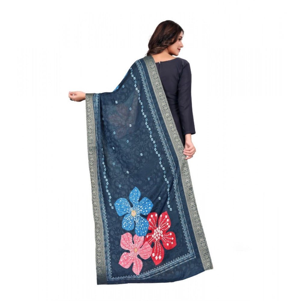 Women's chanderi silk  Printed Dupatta (Navy Blue, Length: 2 Mtr)
