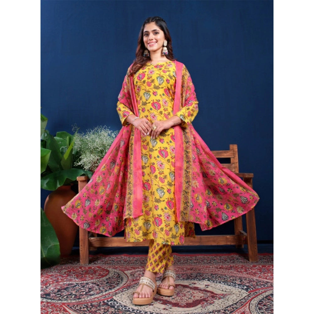 Women's Cotton Blend Printed Kurti With Pant Dupatta Set (Yellow)