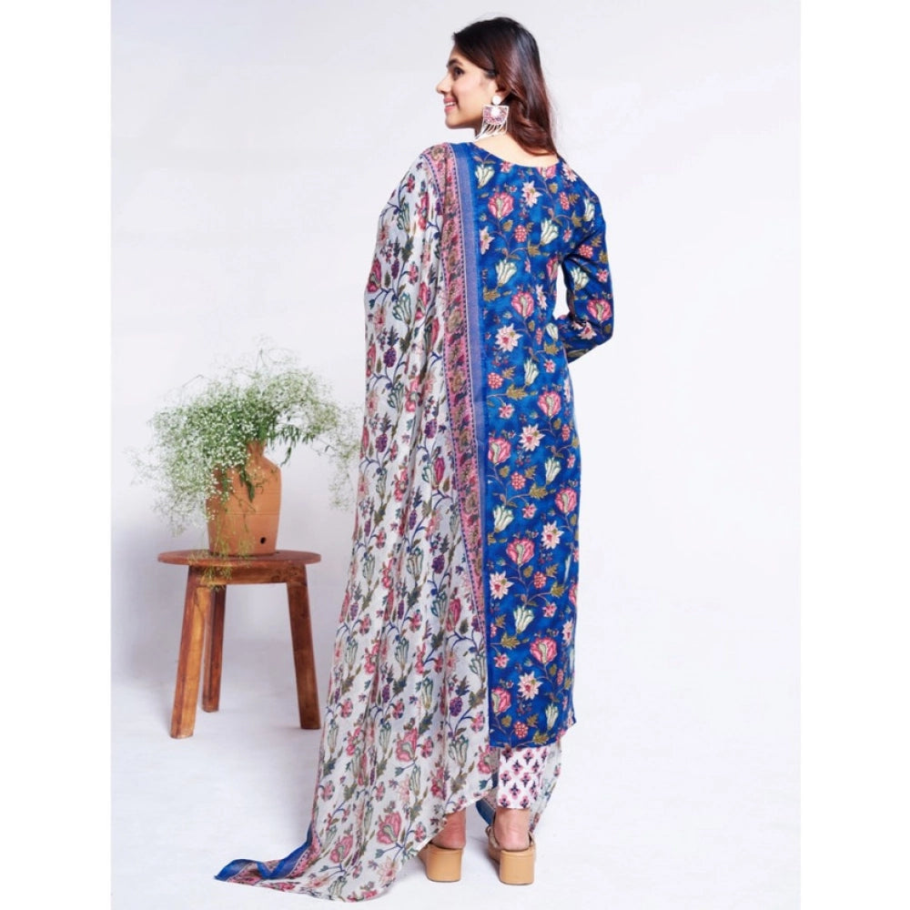 Women's Cotton Blend Printed Kurti With Pant Dupatta Set (Blue)