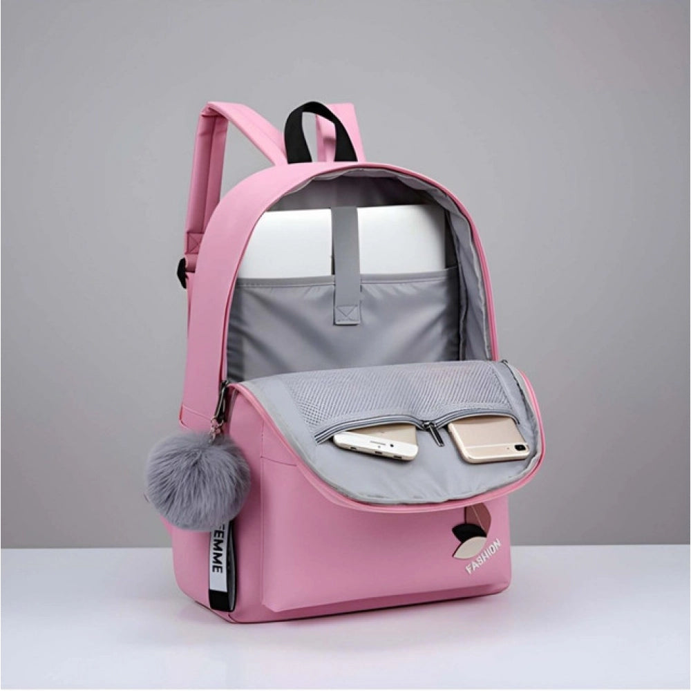Unisex PU Leather Solid Medium Zipper Backpack (Pink)