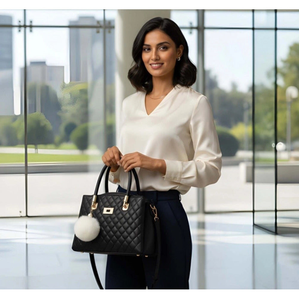 Women's PU Leather Solid Shoulder Zipper Handbag (Black)