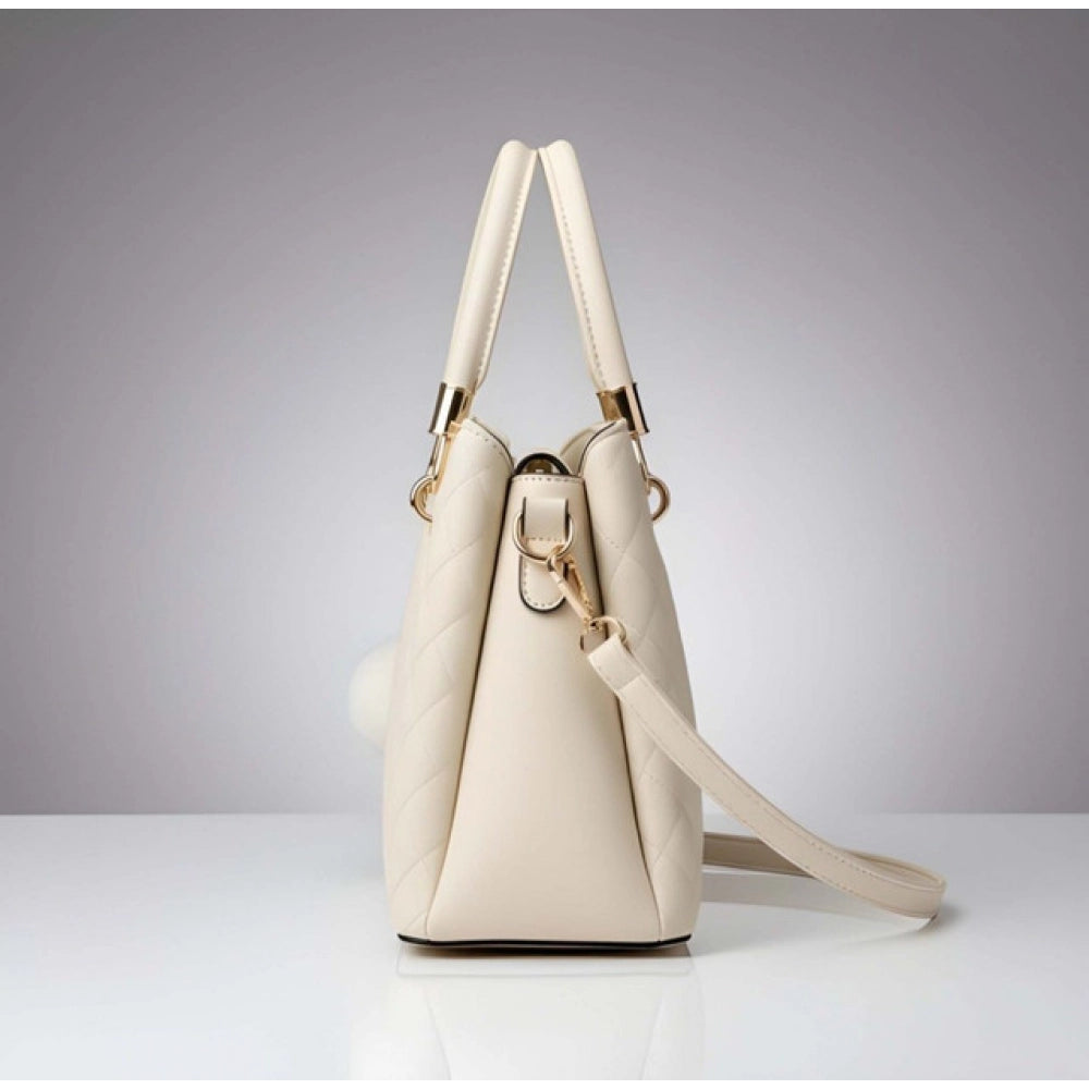 Women's PU Leather Solid Shoulder Zipper Handbag (Cream)