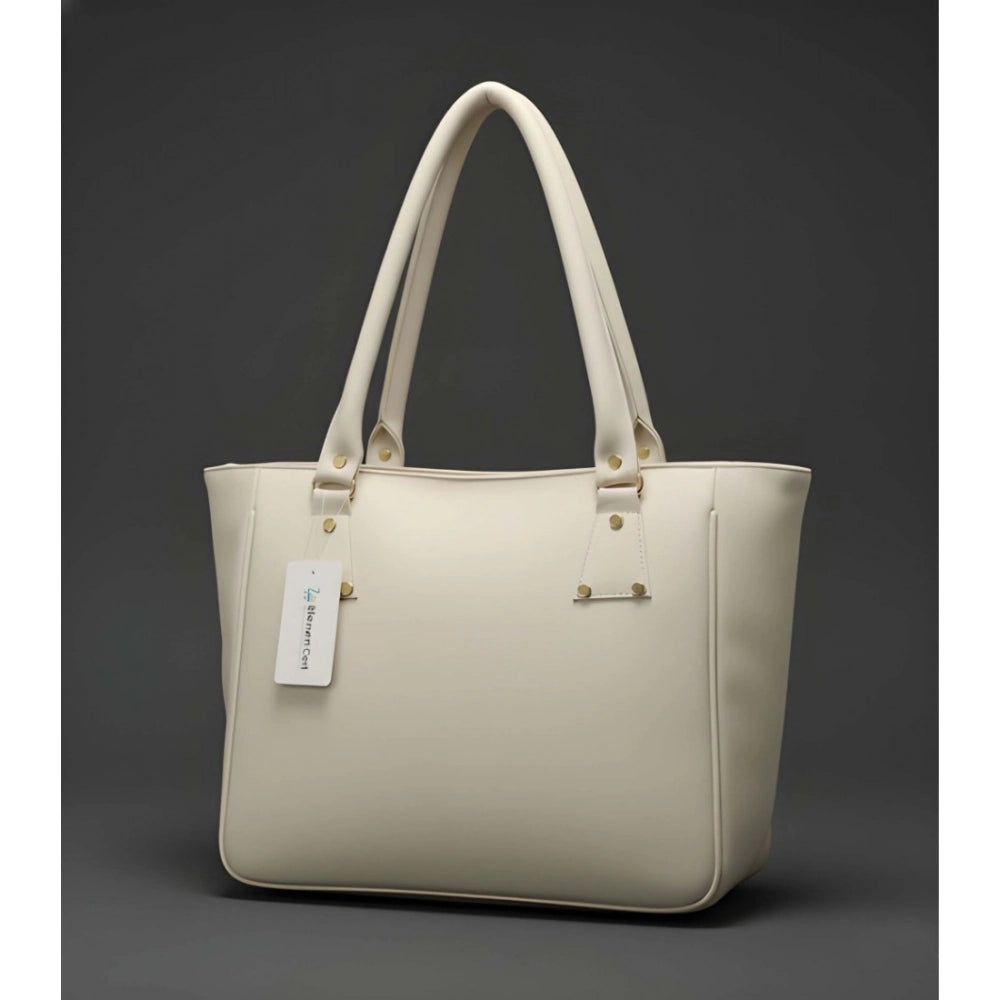 Women's PU Leather Solid Shoulder Zipper Handbag (Cream)