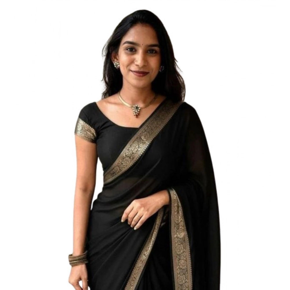 Women's Vichitra Silk Printed Saree With Unstitched Blouse 5.5Mtr (Black)