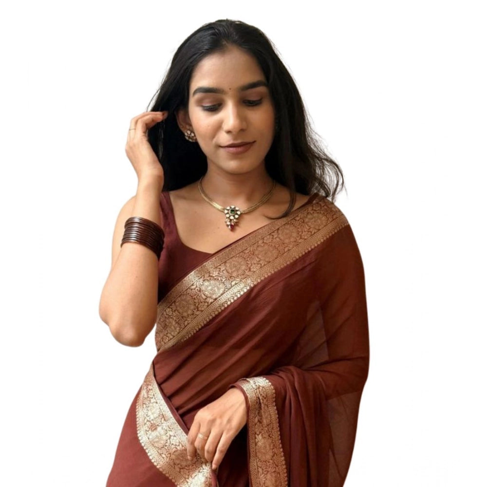 Women's Vichitra Silk Printed Saree With Unstitched Blouse 5.5Mtr (Brown)