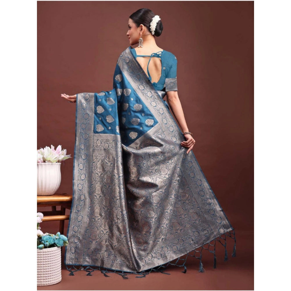 Women's Banarasi Silk Printed Saree With Unstitched Blouse 5.5Mtr (Teal Blue)