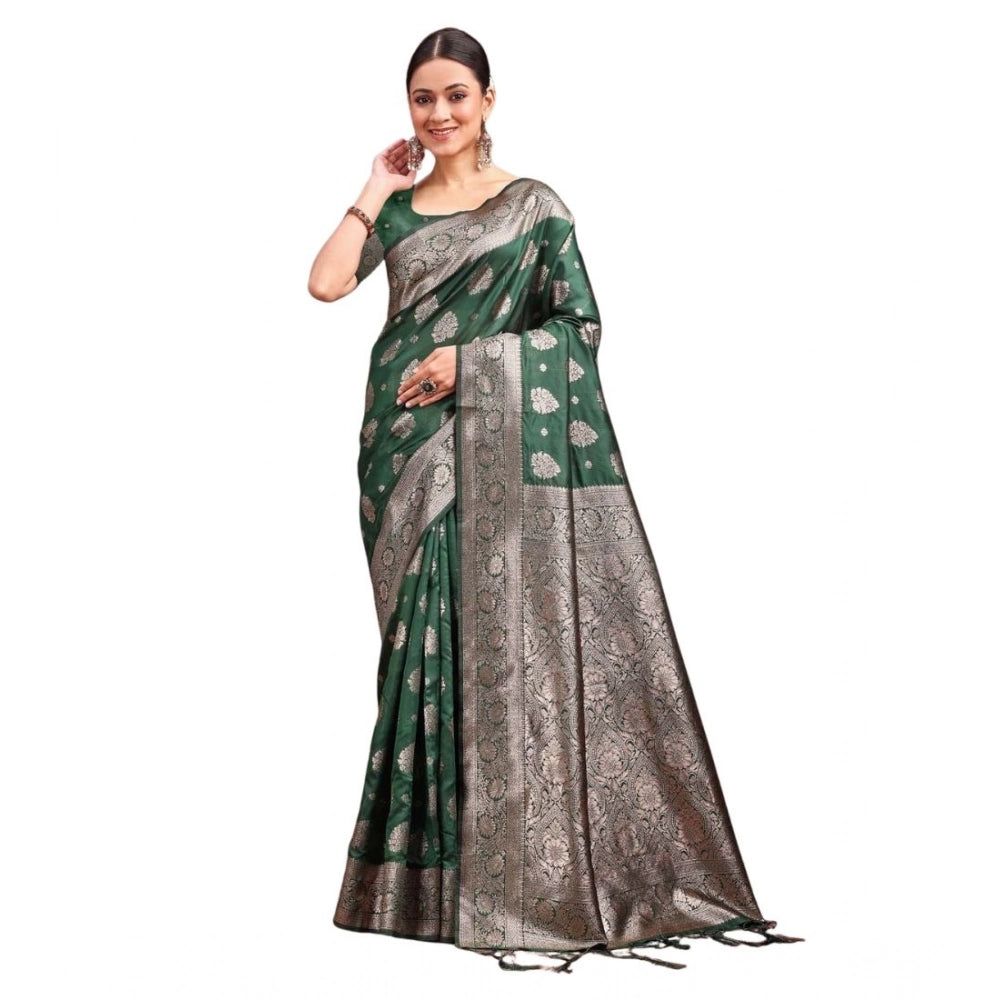 Women's Banarasi Silk Printed Saree With Unstitched Blouse 5.5Mtr (Dark Green)