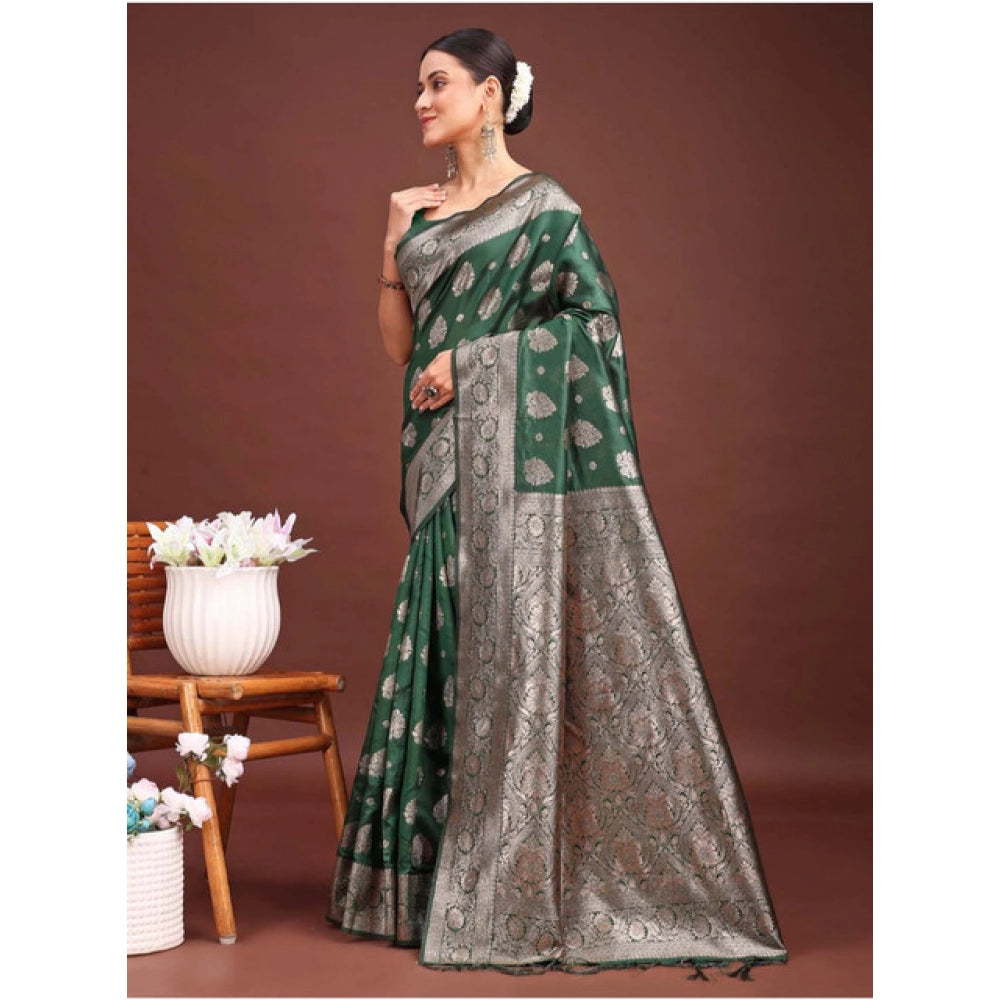 Women's Banarasi Silk Printed Saree With Unstitched Blouse 5.5Mtr (Dark Green)