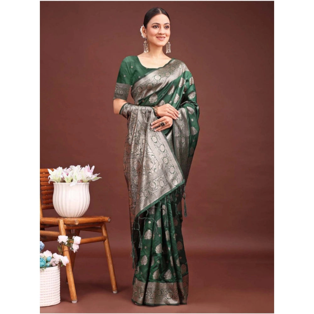 Women's Banarasi Silk Printed Saree With Unstitched Blouse 5.5Mtr (Dark Green)